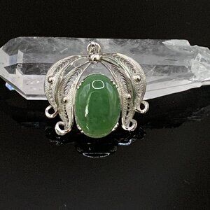 SORRENTO Cannetille Green Jade Gemstone Vtg 50's Pendant Sterling Silver J506